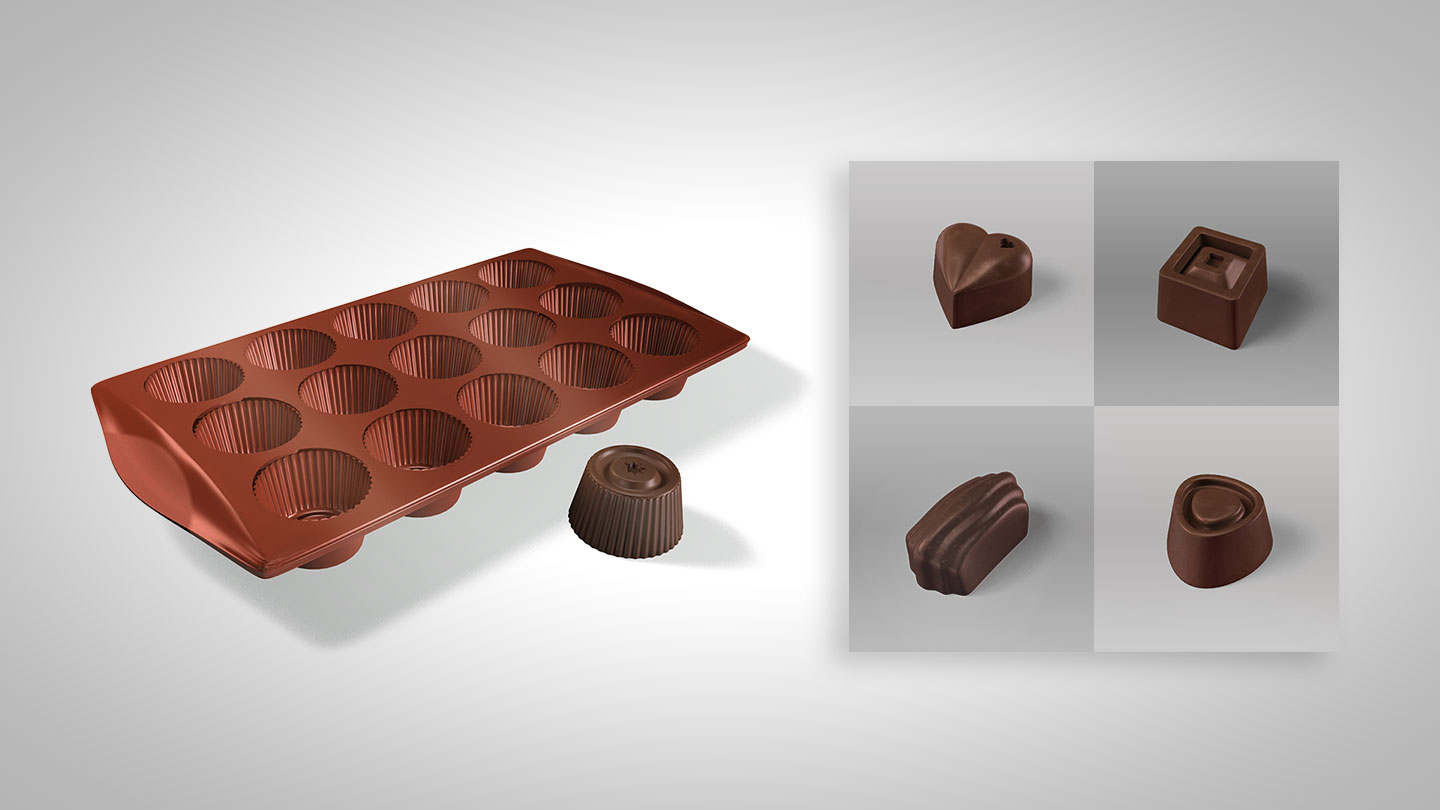 3D-Visualisierung von Designstudie Silikonform und Mini-Pralinen