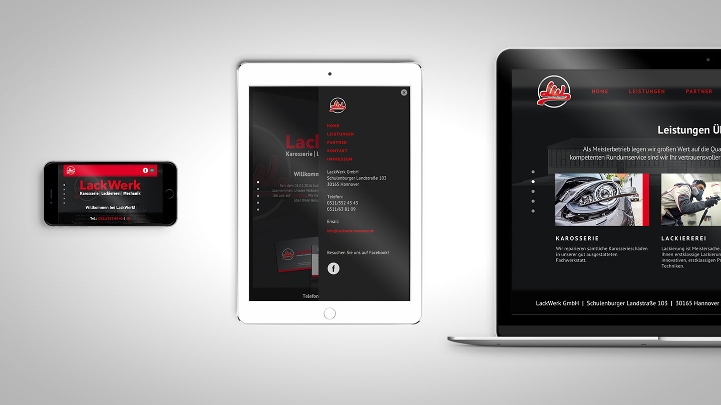 webseite lackwerk Mobile, Tablet- und Desktopdarstellung der Webseite
